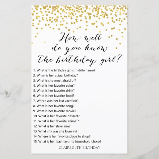 Gold Confetti Hoe goed ken je verjaardagsmeisje? (Voorkant)