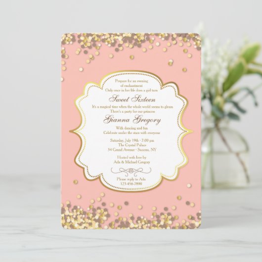 Gold Confetti Invitation Kaart (Staand voorkant)