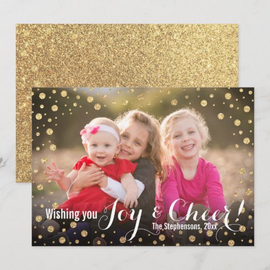 Gold Confetti Joy en Cheer Holiday-fotokaart Feestdagenkaart (Voorkant / Achterkant)
