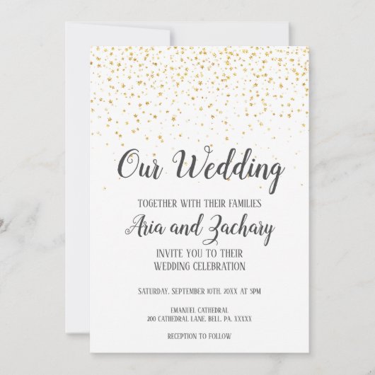 Gold Confetti kalligrafie Onze huwelijksuitnodigin Kaart (Voorkant)