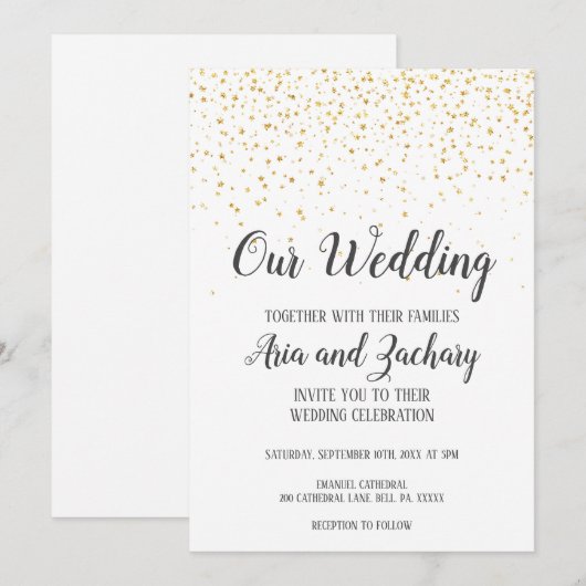 Gold Confetti kalligrafie Onze huwelijksuitnodigin Kaart (Voorkant / Achterkant)
