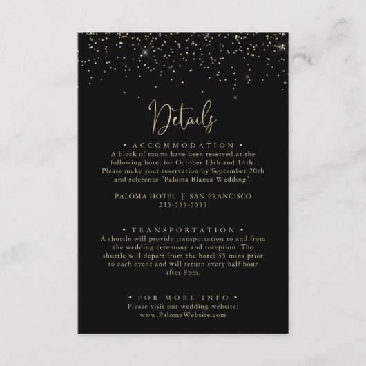Gold Confetti kalligrafie script bruiloft details Informatiekaartje (Voorkant)