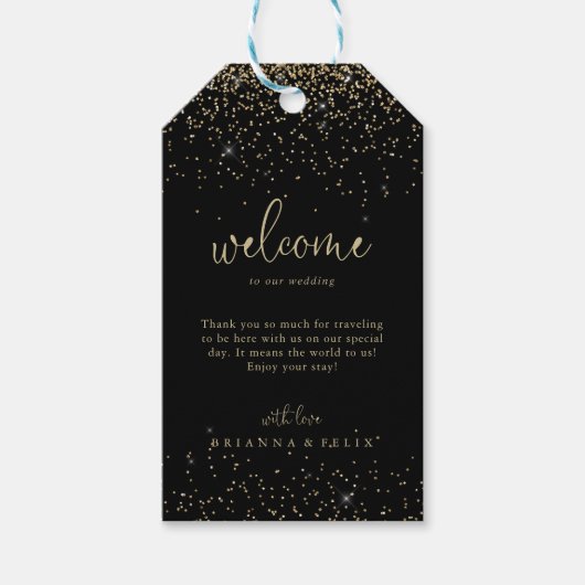 Gold Confetti kalligrafie script bruiloft welkom Cadeaulabel (Voorkant)