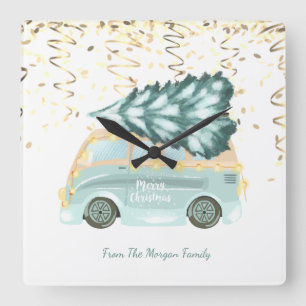 Gold Confetti, kerstgroene Truck Pine Tree   Vierkante Klok