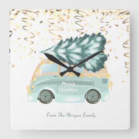 Gold Confetti, kerstgroene Truck Pine Tree   Vierkante Klok (Voorkant)