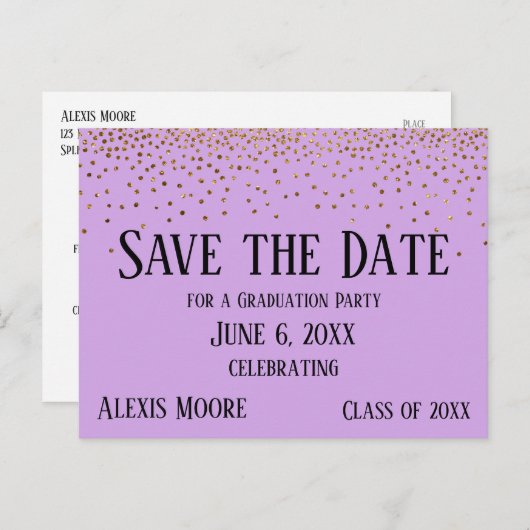 Gold Confetti Lavender Afstuderen Save the Date Briefkaart (Voorkant / Achterkant)