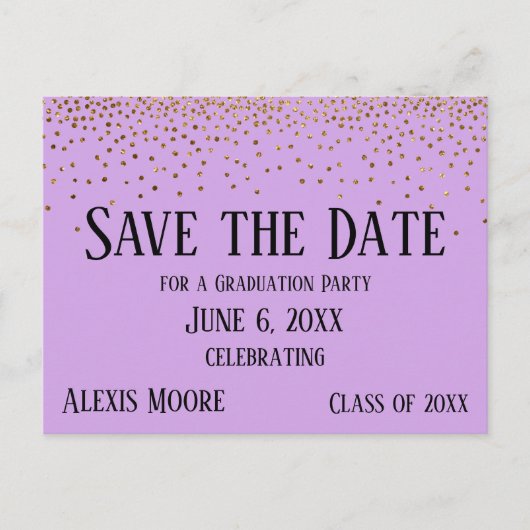 Gold Confetti Lavender Afstuderen Save the Date Briefkaart (Voorkant)