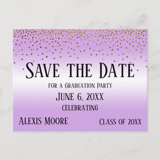 Gold Confetti Lavender Afstuderen Save the Date Briefkaart (Voorkant)