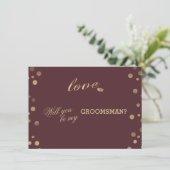 Gold Confetti Love Bourgondische bruiloft Groomsma Kaart (Staand voorkant)