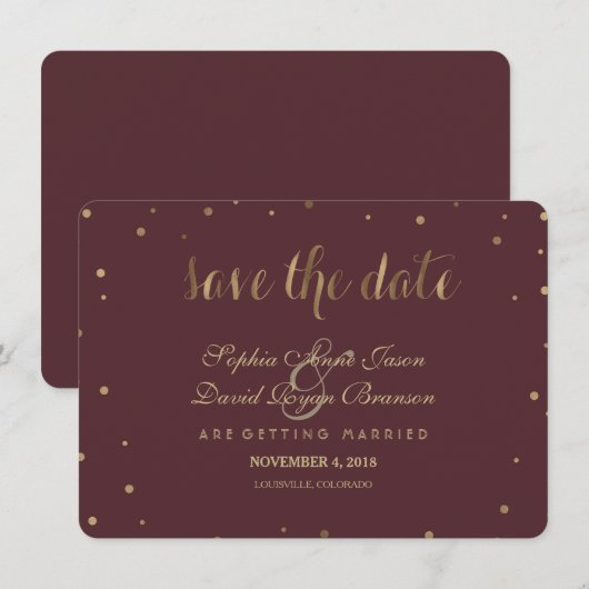 Gold Confetti Love Burgundy Wedding Save the Date (Voorkant / Achterkant)