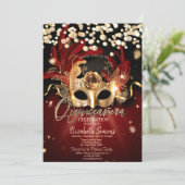Gold Confetti Masque Red Quinceañera Kaart (Staand voorkant)