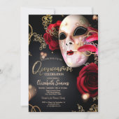 Gold Confetti Masque Red Roses Quinceañera Kaart (Voorkant)