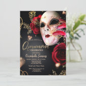 Gold Confetti Masque Red Roses Quinceañera Kaart (Staand voorkant)