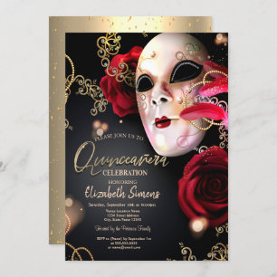 Gold Confetti Masque Red Roses Quinceañera Kaart