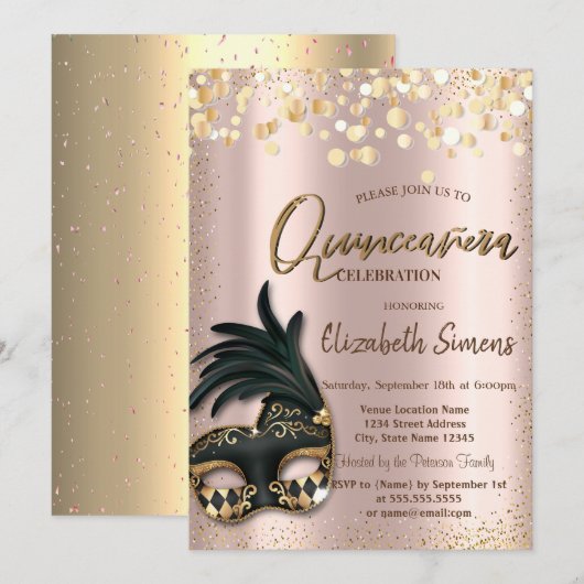 Gold Confetti Masque Roos Gold Quinceañera Kaart (Voorkant / Achterkant)