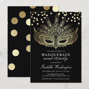 Gold Confetti Masquerade Sweet 16 Party Invitation Kaart