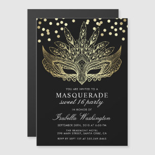 Gold Confetti Masquerade Sweet 16 Party Magnetische Uitnodiging