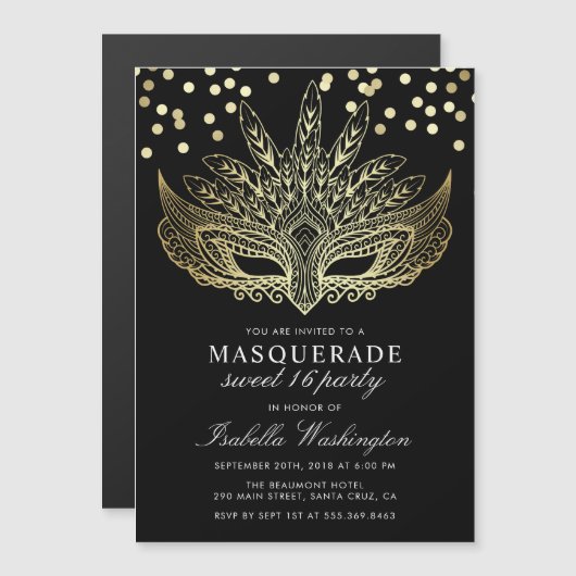 Gold Confetti Masquerade Sweet 16 Party Magnetische Uitnodiging (Voorkant / Achterkant)