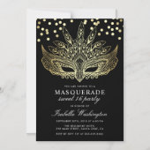 Gold Confetti Masquerade Sweet 16 Party Magnetische Uitnodiging (Voorkant)