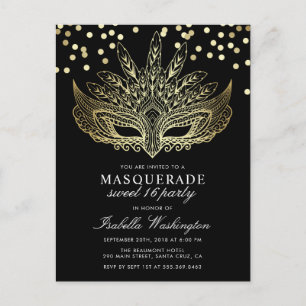 Gold Confetti Masquerade Sweet 16 Party Uitnodiging Briefkaart