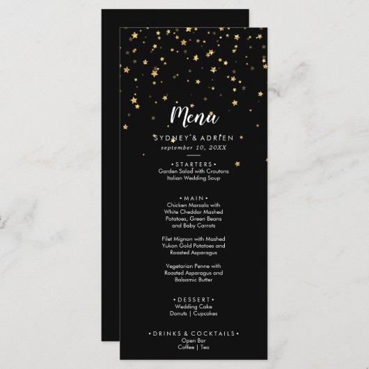Gold Confetti | Menu Zwart weddenschap (Voorkant / Achterkant)
