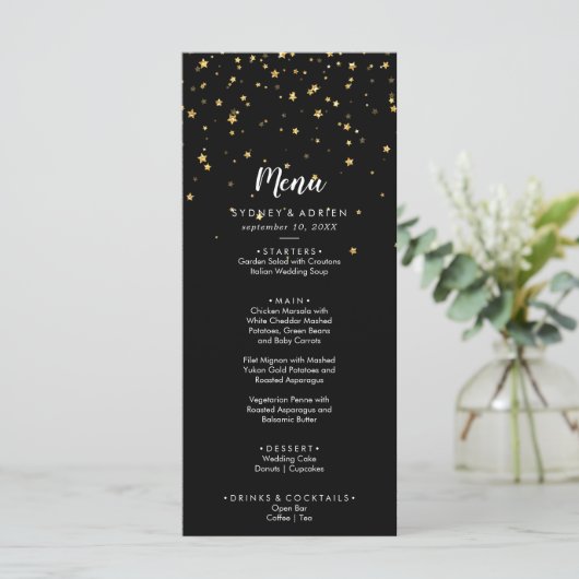 Gold Confetti | Menu Zwart weddenschap (Staand voorkant)