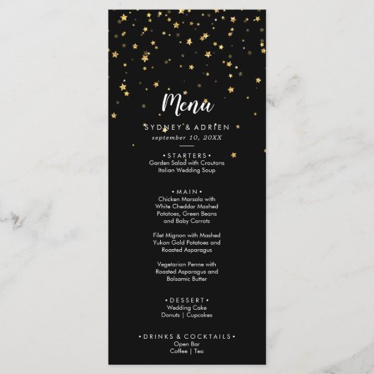 Gold Confetti | Menu Zwart weddenschap (Voorkant)