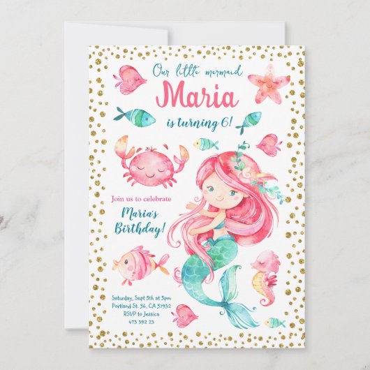 Gold confetti Mermaid Birthday Uitnodiging (Voorkant)