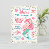 Gold confetti Mermaid Birthday Uitnodiging (Staand voorkant)
