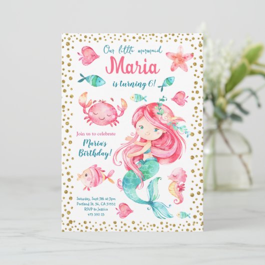 Gold confetti Mermaid Birthday Uitnodiging (Staand voorkant)