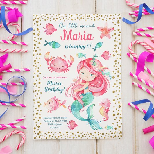 Gold confetti Mermaid Birthday Uitnodiging