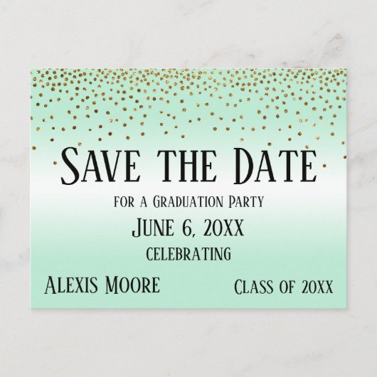 Gold Confetti Mint Green Afstuderen Save the Date Briefkaart (Voorkant)