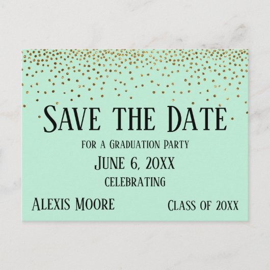Gold Confetti Mint Green Afstuderen Save the Date Briefkaart (Voorkant)