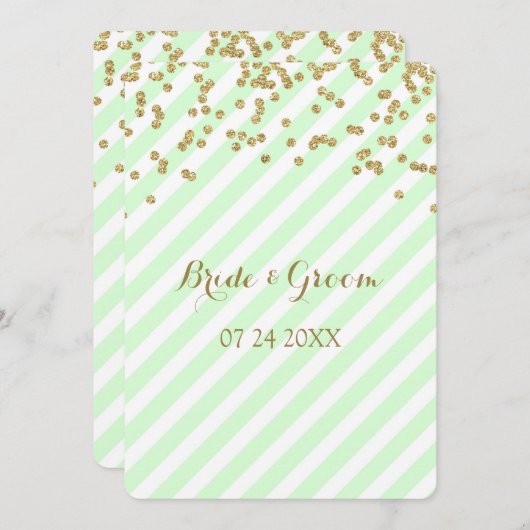 Gold Confetti Mint Stripes Wedding Invitations Kaart (Voorkant / Achterkant)