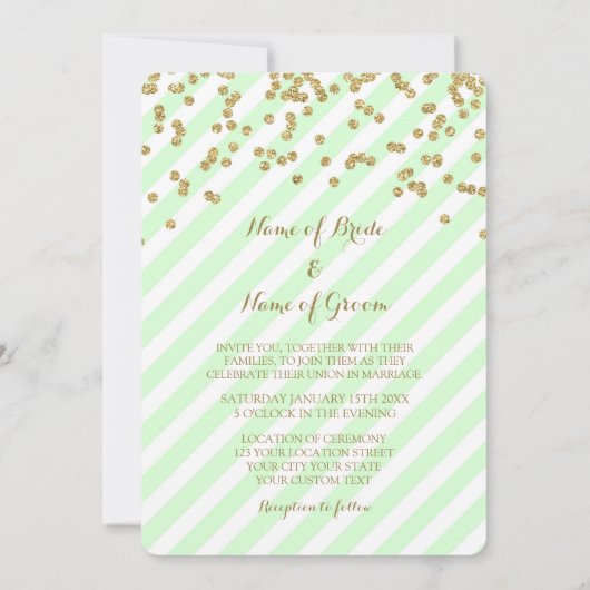 Gold Confetti Mint Stripes Wedding Invitations Kaart (Achterkant)