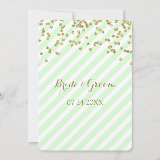 Gold Confetti Mint Stripes Wedding Invitations Kaart (Voorkant)