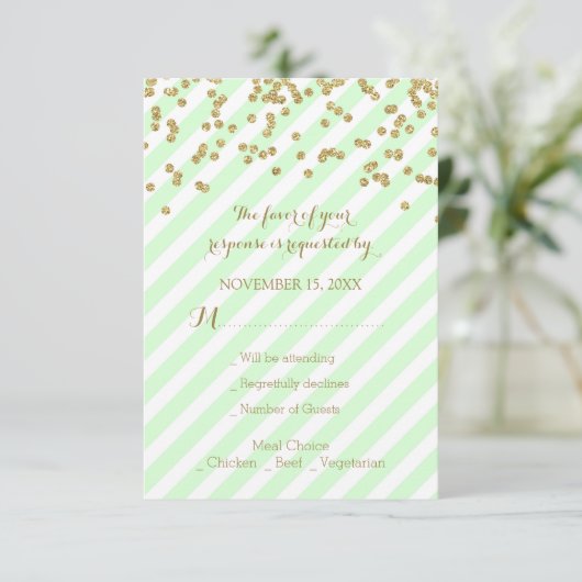 Gold Confetti Mint Stripes Wedding RSVP (Staand voorkant)