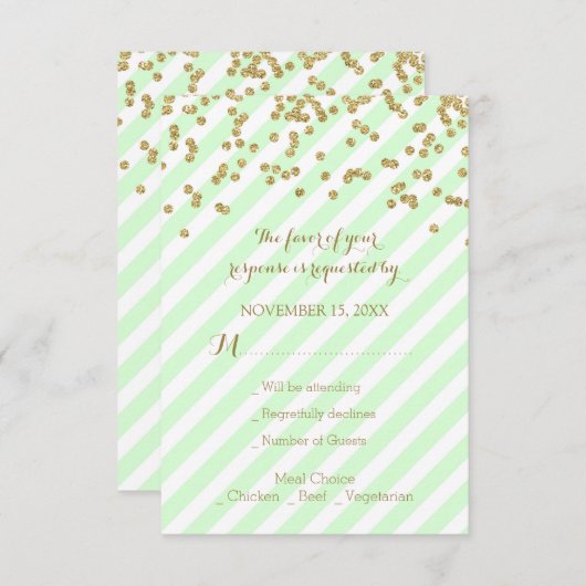 Gold Confetti Mint Stripes Wedding RSVP (Voorkant / Achterkant)