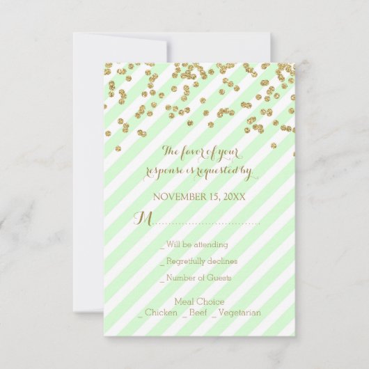 Gold Confetti Mint Stripes Wedding RSVP Kaartje (Voorkant)