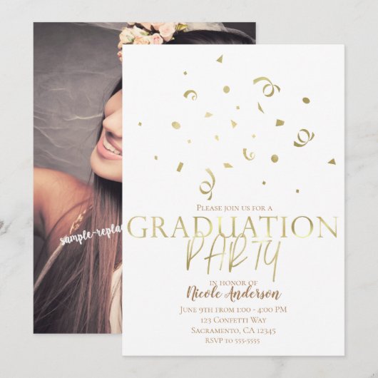 Gold Confetti Modern Graduation Party Volledige fo Kaart (Voorkant / Achterkant)