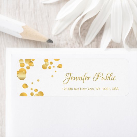 Gold Confetti Modern Hand Script Elegant Sjabloon Etiket (Insitu)