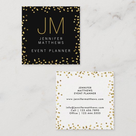 Gold Confetti Modern Monogram Event Planner Vierkante Visitekaartje (Voorkant / Achterkant)