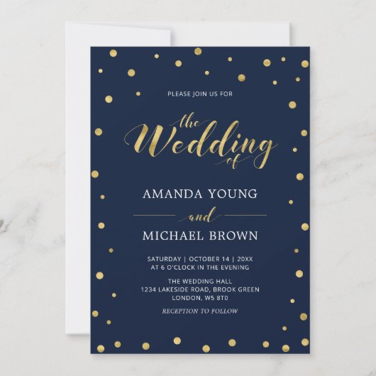 Gold Confetti | Moderne Typografie Wedding Ceremon Kaart (Voorkant)