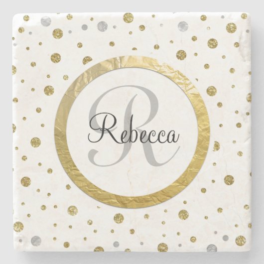 Gold Confetti Monogram Stenen Onderzetter (Voorkant)