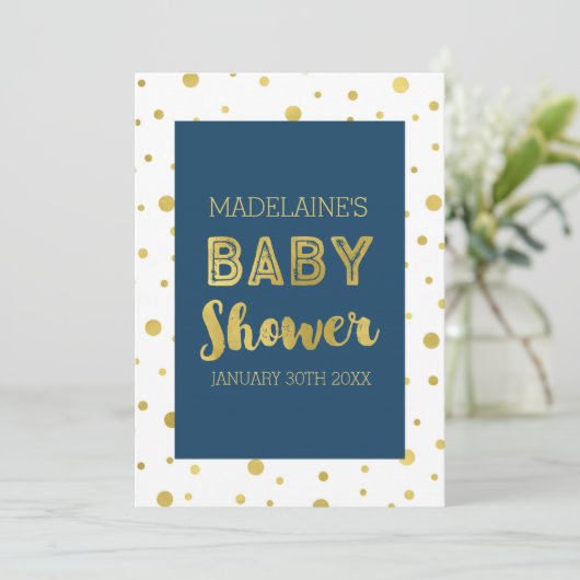 Gold Confetti Navy Blue Baby Shower-uitvindingen Kaart (Staand voorkant)