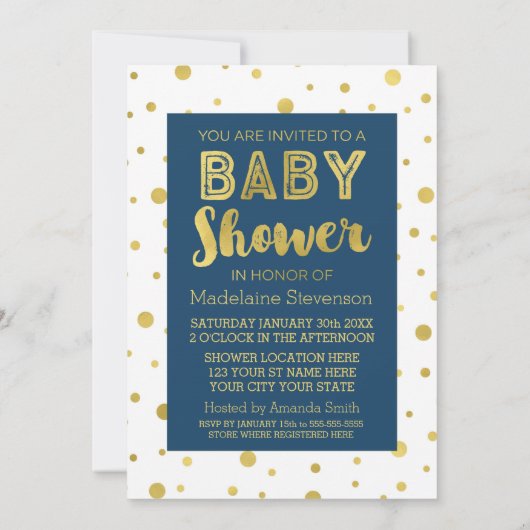 Gold Confetti Navy Blue Baby Shower-uitvindingen Kaart (Achterkant)
