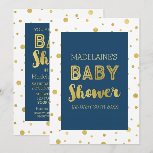 Gold Confetti Navy Blue Baby Shower-uitvindingen Kaart (Voorkant / Achterkant)