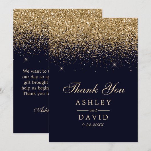 Gold Confetti Navy Blue Modern Wedding Bedankkaart (Voorkant / Achterkant)