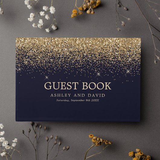 Gold Confetti Navy Blue Modern Wedding Gastenboek
