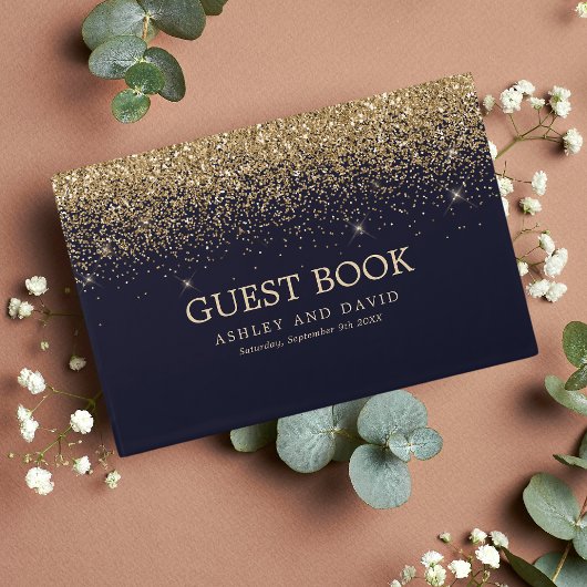 Gold Confetti Navy Blue Modern Wedding Gastenboek